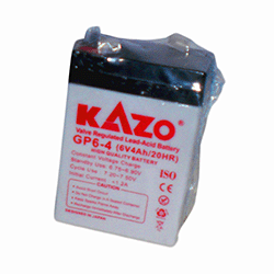 Batería seca marca KAZO
 de 6 Voltios, 4AH 
modelo: GP6-4

