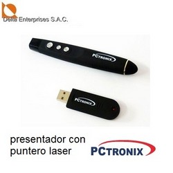 Presentador de diapositivas con puntero laser PCTRONIX, hasta 15 mts de alcance
incluye pila AAA y estuche
